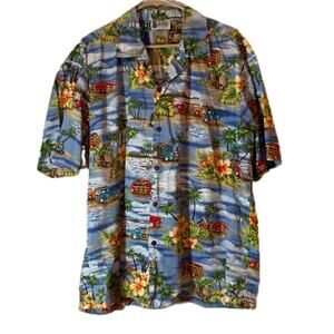 Aloha Republic XL Hawaiian Shirt Short Sleeve Palm Trees Grass Huts Cars